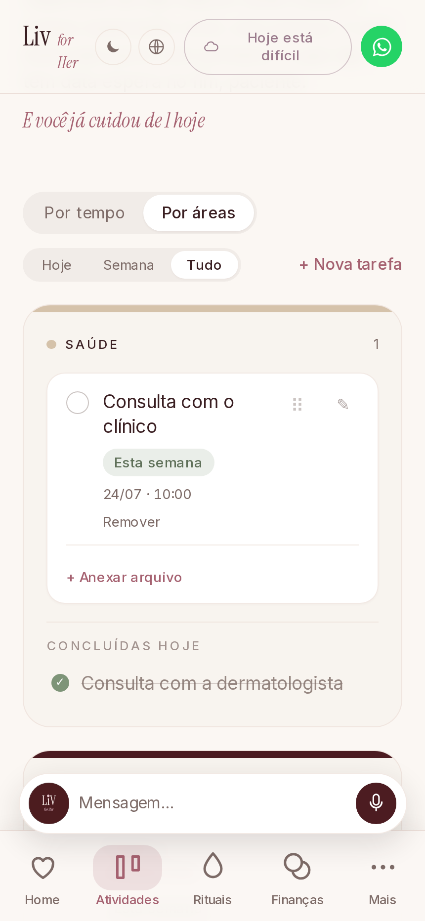 Suas atividades, por área